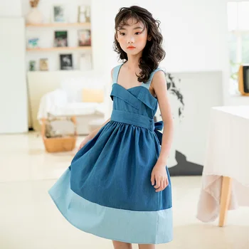 

2020 Summer New Girls Denim Dress Teenager Outfits Cotton Dessign Young Lady Elegant Strap Princess Dresses for Kids Girls 6-16T