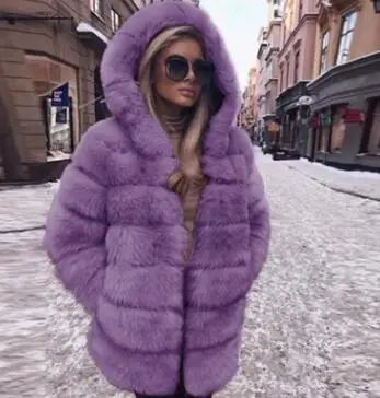purple color Lanxirui элегантная шуба из искусственного лисьего меха женская зимняя мода средней длины искусственный Лисий мех пальто леди теплый искусственный Лисий мех пальто женский - Цвет: purple color