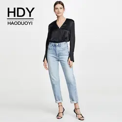 HDY Haoduoyi Новое поступление осенней модной одежды Стильная однотонная повседневная сексуальная глубокий v-образный вырез атласный жемчужный