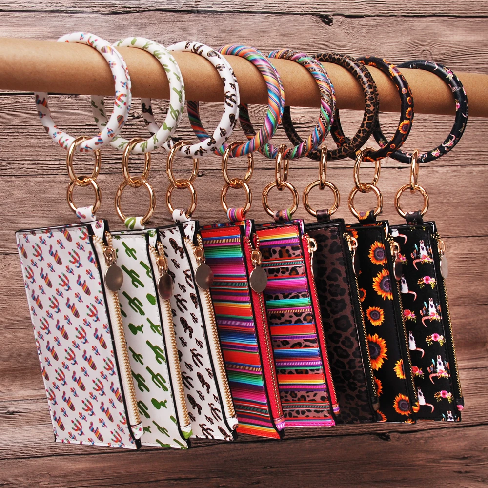 

Women vegan leather PU Purse And Bracelet Keychain SET Printing Leopard Cactus Sunflower Casual Envelope wallet DOM1091299