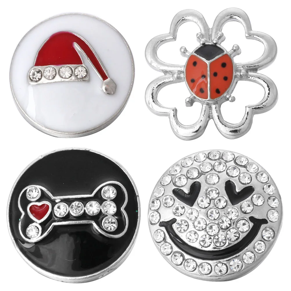 

5pcs/lot 2019 Snap Buttons Jewelry Heart Bone Christmas Hat Ladybird Flower 18mm Snap Buttons Fit Snap Bracelet Necklace