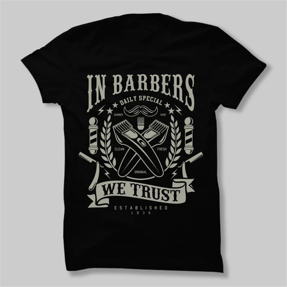 В barbers we trust с 1930 года Парикмахерская череп хипстерская борода dtg Мужская футболка