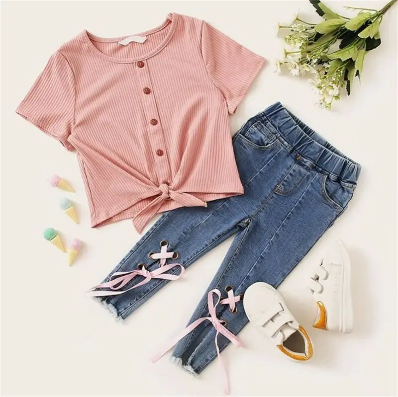 

Emmababy 2PCS Fashion Toddler Kid Baby Girl Clothes Sets Shirt Top Denim Long Pants Jeans Leggings Outfits Set 18M-5T