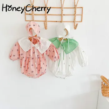

2020 Autumn New Baby Girl Long-Sleeved Embroidered Romper Baby Cotton One-Piece Suit Crawling Clothes + Cap + Collar
