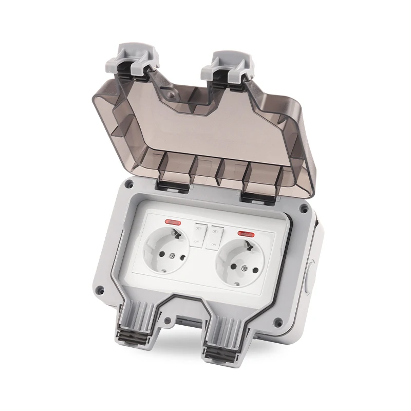 IP66 EU เยอรมนีมาตรฐานกันน้ำกลางแจ้ง16A ผนังคู่พร้อมสวิทช์สำหรับ Home Garden ปลั๊ก250V 1