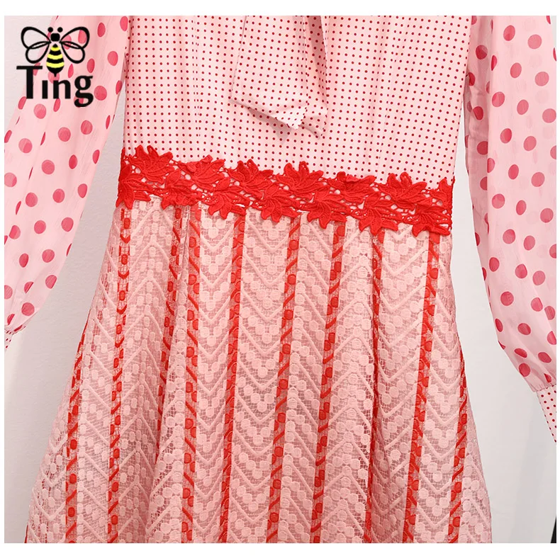 Tingfly/дизайнерское платье в горошек для подиума, кружевное платье в стиле пэчворк милое розовое платье с бантом и вышивкой, с кружевом длиной выше колена