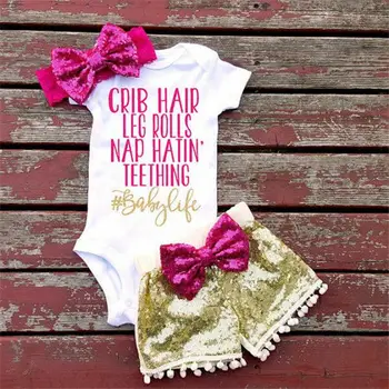 

3Pcs Summer Baby Girl Clothes Summer Bodysuits Lovely Newborns Sequined Pants Top Bow Headhand Outfits Clothing Set 0-24M