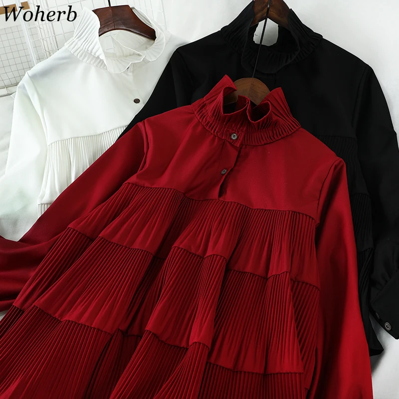 

Woherb Ruffle Solid Color Loose Shirts Female Stand Collar Long Sleeve Pleated Blouses Vintage Fashion New Tops Women 91600