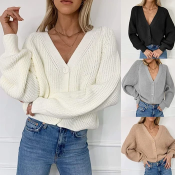 

Loose Button Sweater Knit Sweater Women Autumn Casual Long Sleeve Button Cardigan Knitted Sweaters Warm Clothes Lantern Sleeve