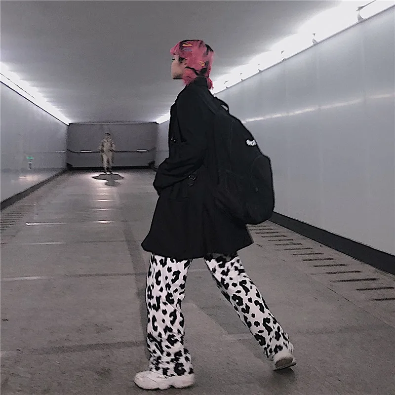Deeptown Cow Print Wide Leg Pants for Women Korean Style Oversized Women Fashion Pants Harajuku Autumn 2020 Plus Size Trousers