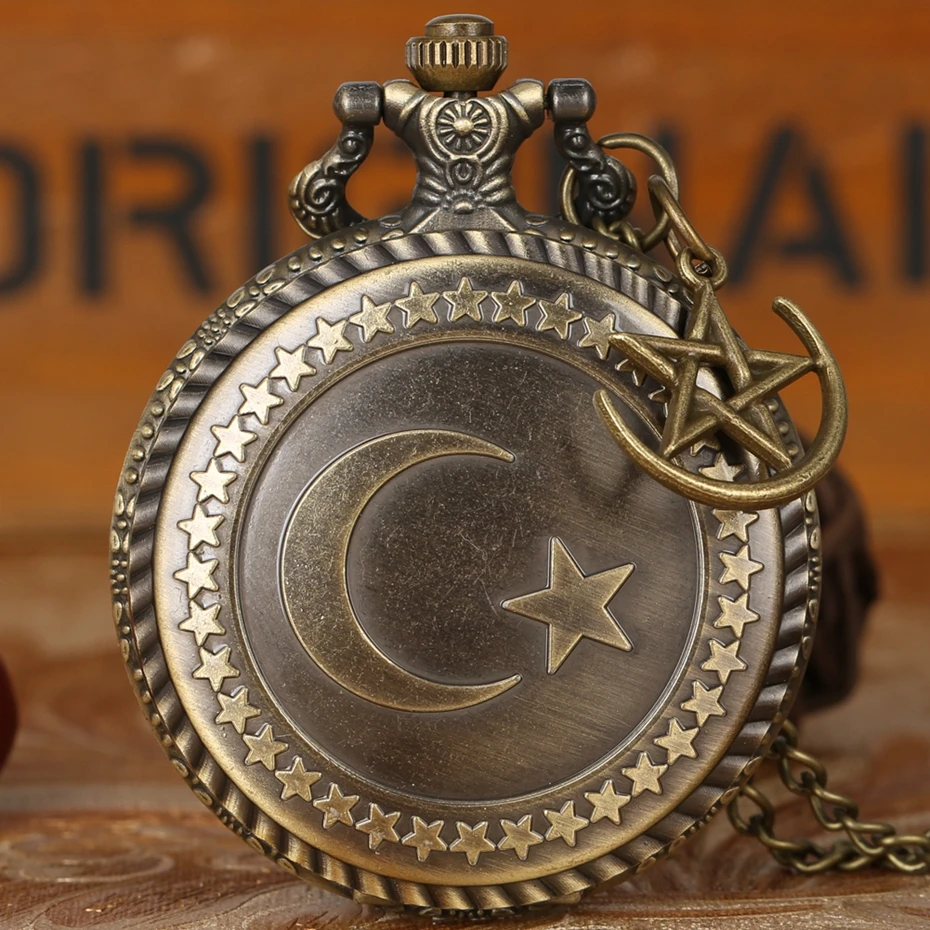 

Retro Bronze Turkey Flag Design Moon Star Circle Quartz Antique Pocket Watch Punk Necklace Pendant for Men Women with Accessory