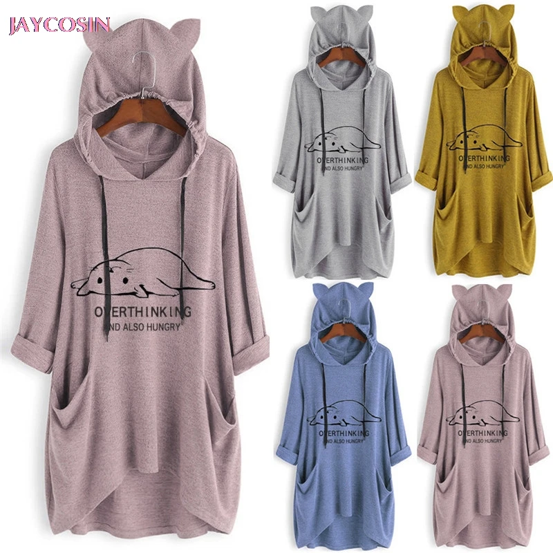 JAYCOSIN, свитер для женщин, с принтом кошачьих ушей, с капюшоном, с длинным рукавом, с буквенным принтом, необычный Топ, блузка, рубашка, одежда, дропшиппинг#0802
