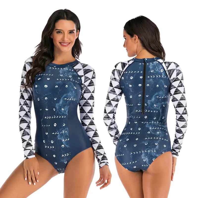 

Womens Swimwear Monokini Swimsuits One Piece Long Sleeve Bathing Suits Sun UV Protection Rash Guard Back Zip Beachwear Bodysuit