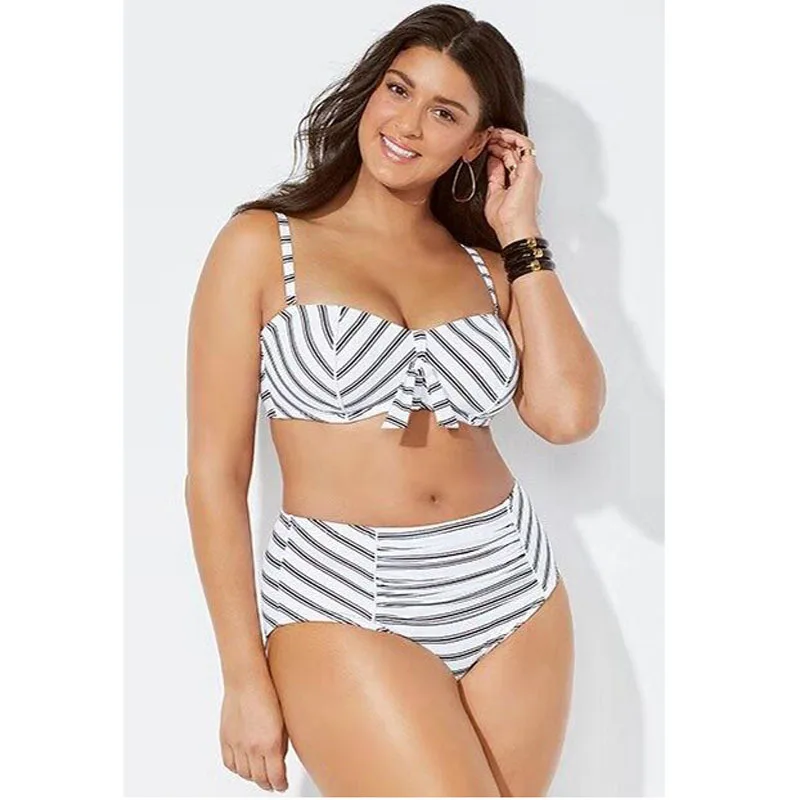 

2020 New Style Europe And America Large Size Bikini Bathing Suit Plus-sized Fat Fat Mm High-waisted Stripes Swimwear