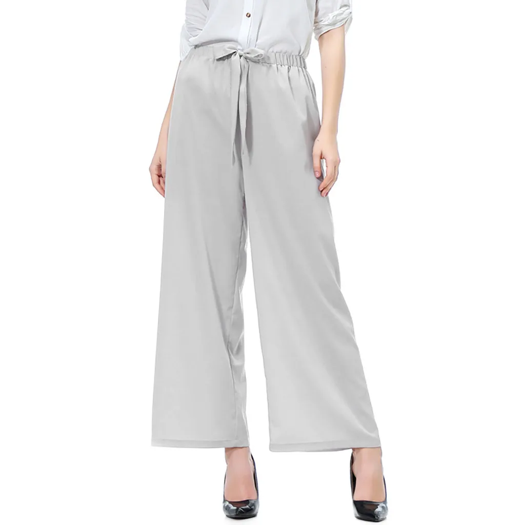

Elastic high waist wide leg pants women Solid lace up trousers streetwear pants Female pockets plus size summer pants
