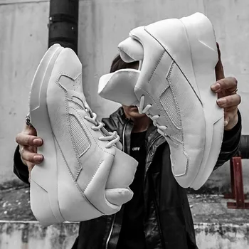 

High Street Korean Mens Genuine Leather Casual Sport Shoes Spring Autumn Lace Up Solid Thick Bottom Increase Male Platform Shoes