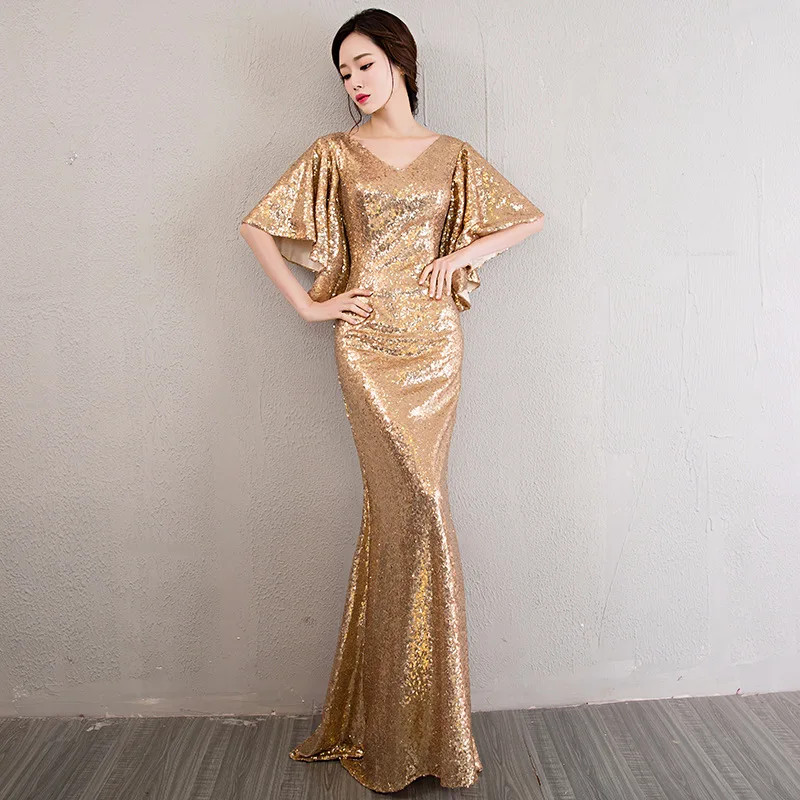 

2019 Women Mermaid Dresses Gold Sequin Gradient V-neck Summer Host Maxi Dress Party Elegant Dress Woman Vestidos Wedding SP276