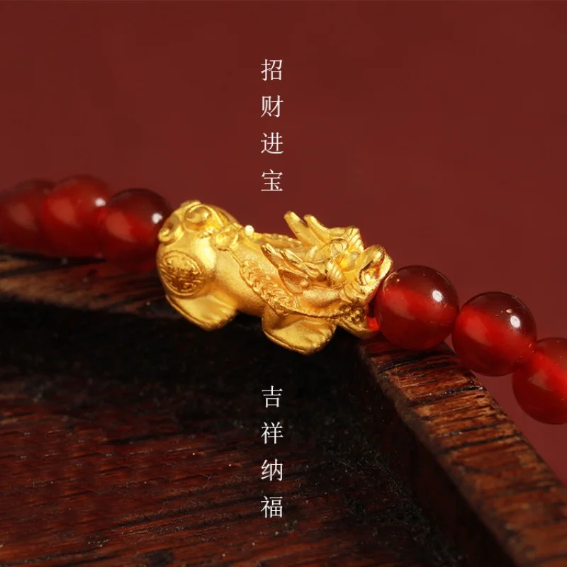 

Браслет Pixiu из чистого желтого золота 24 карата, женский браслет с 3D монеткой 5 мм. Красный агат