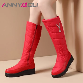 

ANNYMOLI Knee High Boots Woman Platform Flat Snow Boots Round Toe Warm Long Boots Zipper Crystal Ladies Shoes Winter Wine Red 44