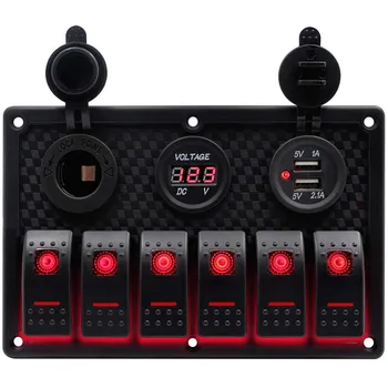 

Waterproof 6 Gang Marine Boat Rocker Switch Panel With Fuse 4.2A Dual USB Slot Socket + Digital Voltage Display + Cigarette Ligh