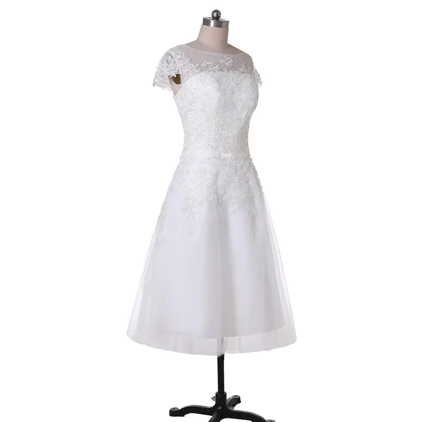 new-simple-tea-length-wedding-dresses-cap-sleeve-jewel-neck-lace-tulle-a-line-short-bridal-gowns-zipper-back-custom  -made-w1008