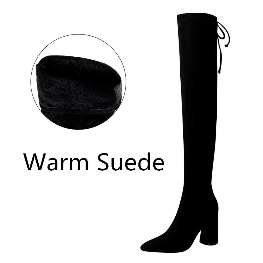 BIGTREE Luxury Over the Knee Boots Sexy Nightclub High Heels Women Black Shoes Winter Thick Heel Shoes Woman Femme Boots - Цвет: Warm Suede