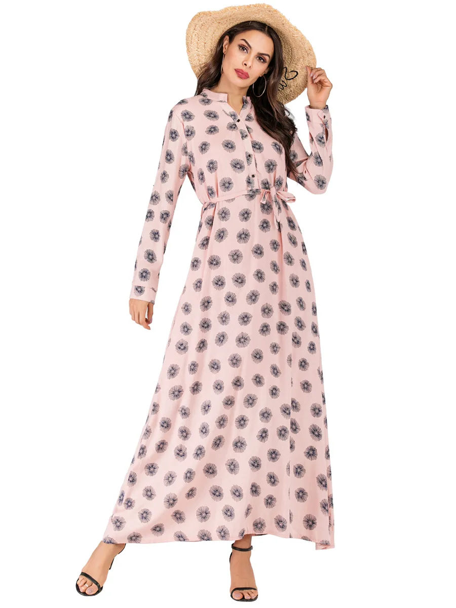 

Printed Pink Long Sleeve Bohemian Maxi Dresses for Women Beach Casual Spring Beach Dresses Sashes Summer Party Vestidos