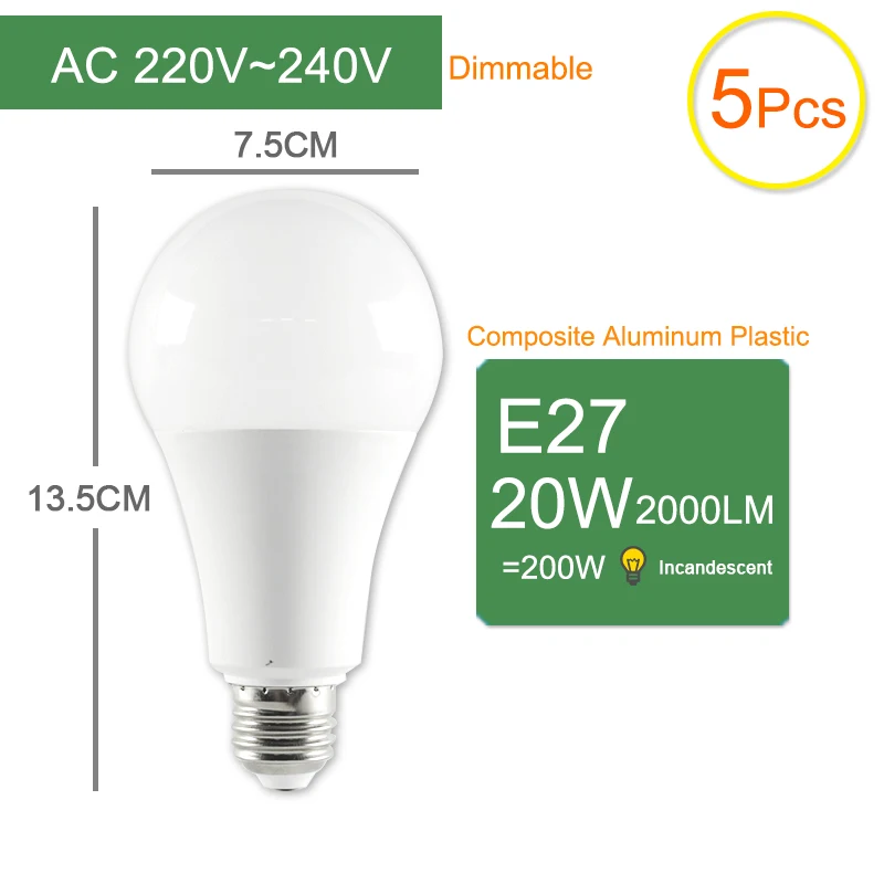 Kaguyahime 1 шт./5 шт. 20 Вт Dimmable высокой яркости E27 светодиодный светильник 220V светодиодный лампы E27 Светодиодный светильник Лампада Lampara Bombilla ампулы, 6 Вт, 9 Вт, 15 Вт - Испускаемый цвет: E27 20W 5pcs