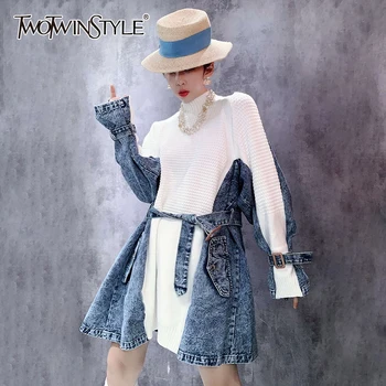 

TWOTWINSTYLE Patchwork Denim Knitted Dress For Women Turtleneck Long Sleeve High Waist With Sashes Mini Dresses Female Fashion