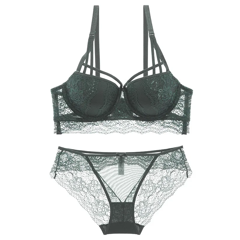 

Sexy Lace Ladies Lingerie Set with Three-Breasted Gathered Bra Adjustable Shoulder Strap Transparent Lace Panties Set