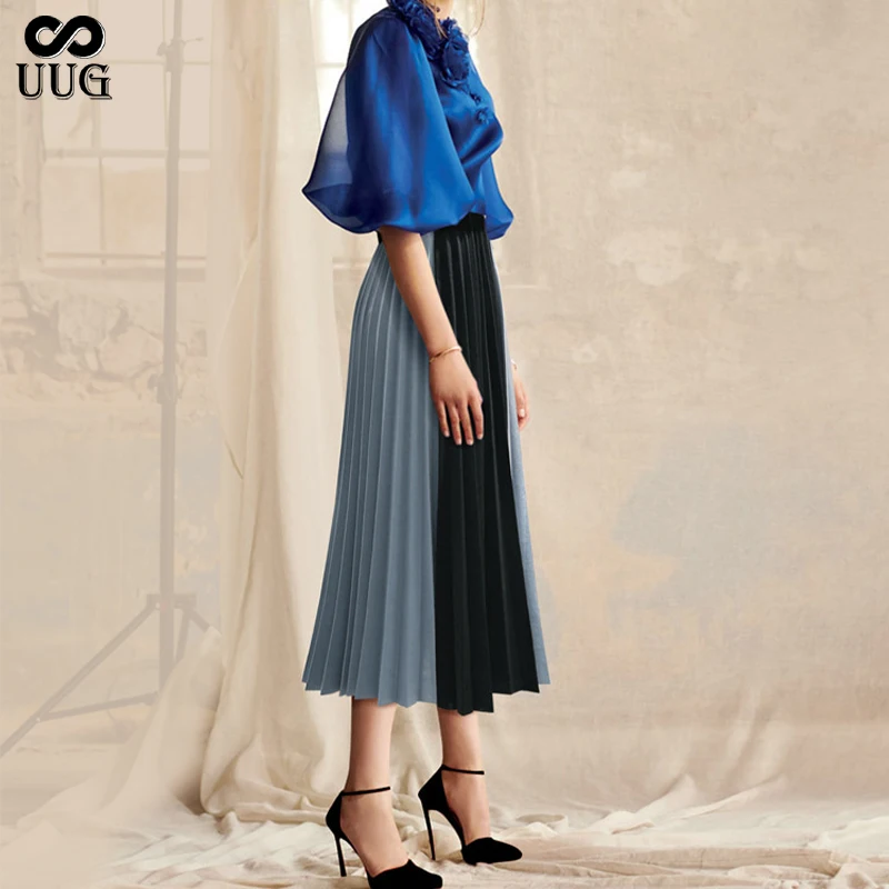 

UUG Autumn And Winter Chiffon Color Block Pleated Skirt Fold Elastic High Waist Stitching Chiffon Skirt For Women Casual Wear