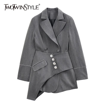 

TWOTWINSTYLE England Style Asymmetrical Women Blazer Notched Long Sleeve High Waist Patchwork Crystals Suit Female Clothing Tide