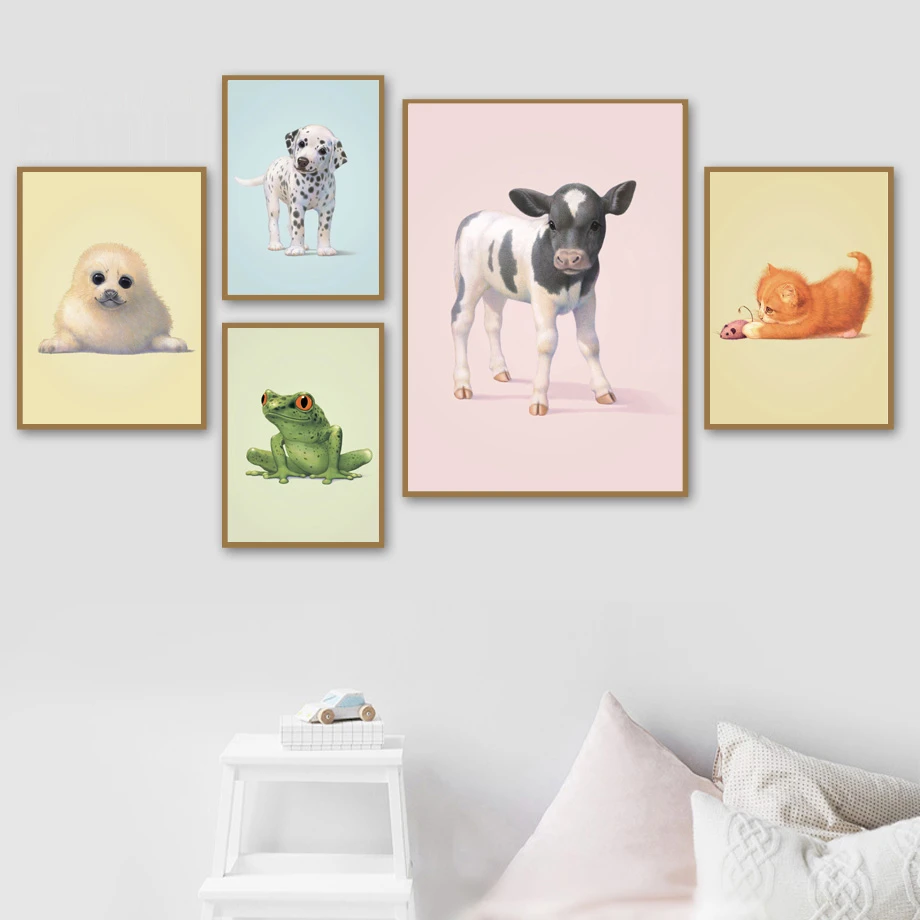 Affiche Coloree Avec Animaux Dessin Anime Chat Orange Vert Grenouille Dalmatien Peinture Sur Toile Image Imprimee Decoration Murale Pour La Maison Art Pour Livin Aliexpress