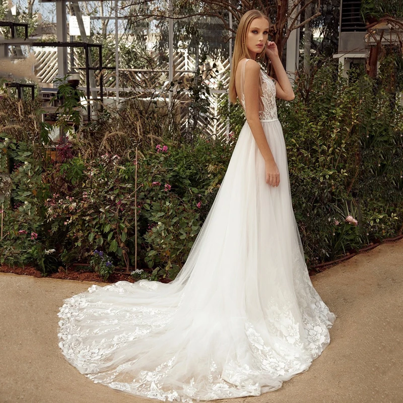 Sexy Deep V Neck Lace Princess Beach Wedding Dress