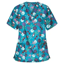 Tops Scrubs-Pants Spa-Uniform Work-Clothes Christmas-Print Salon Health-Workers Beauty