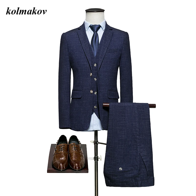 

New Arrival Style Men Boutique Plaid Suits Dress High Quality Single Breasted Men's Wedding Dress Three-piece Suit Coat M-6XL
