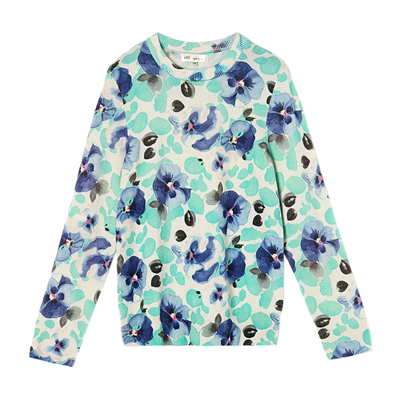 

Bogeda 100 Cashmere Sweater Women Round Neck Blue Print Floral Pullovers Natural Fabric Soft Warm High Quality Free Shipping