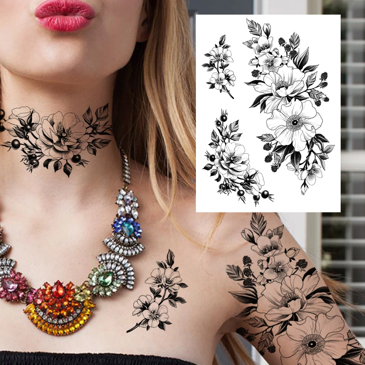 Women Girl Big Chest Necklace Fake Tattoo Temporary Mandala Flower Henna  India Tatoo Stickers Custom Black Turtle Tattoos Girls - Temporary Tattoos  - AliExpress