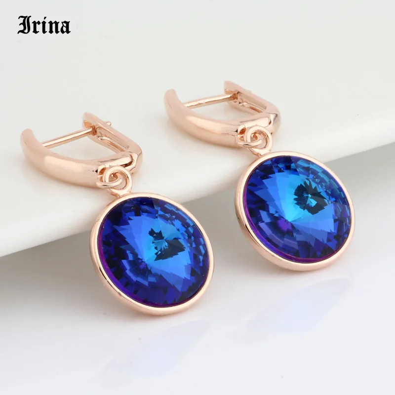 High Quality Classic 12 Color Round Crystal Drop Earrings 585 Rose Gold Color Colorful Korean Earrings for Women Wedding Jewelry