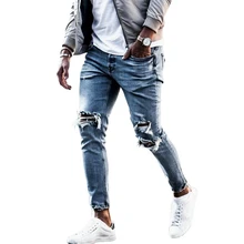 Обтягивающие мужские джинсы Уличная рваные джинсы Homme хип хоп сломанный modis мужской карандаш Байкер вышивка патч брюки