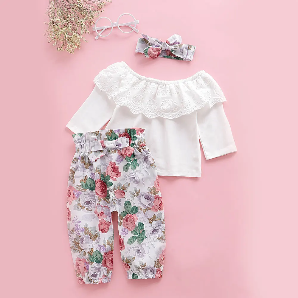 

3PCS 0-18Months Baby Girls Floral Clothing Set White Tops T-shirt Tracksuit Jumpsuit Tops Floral Pants Headband Outfits Clothes