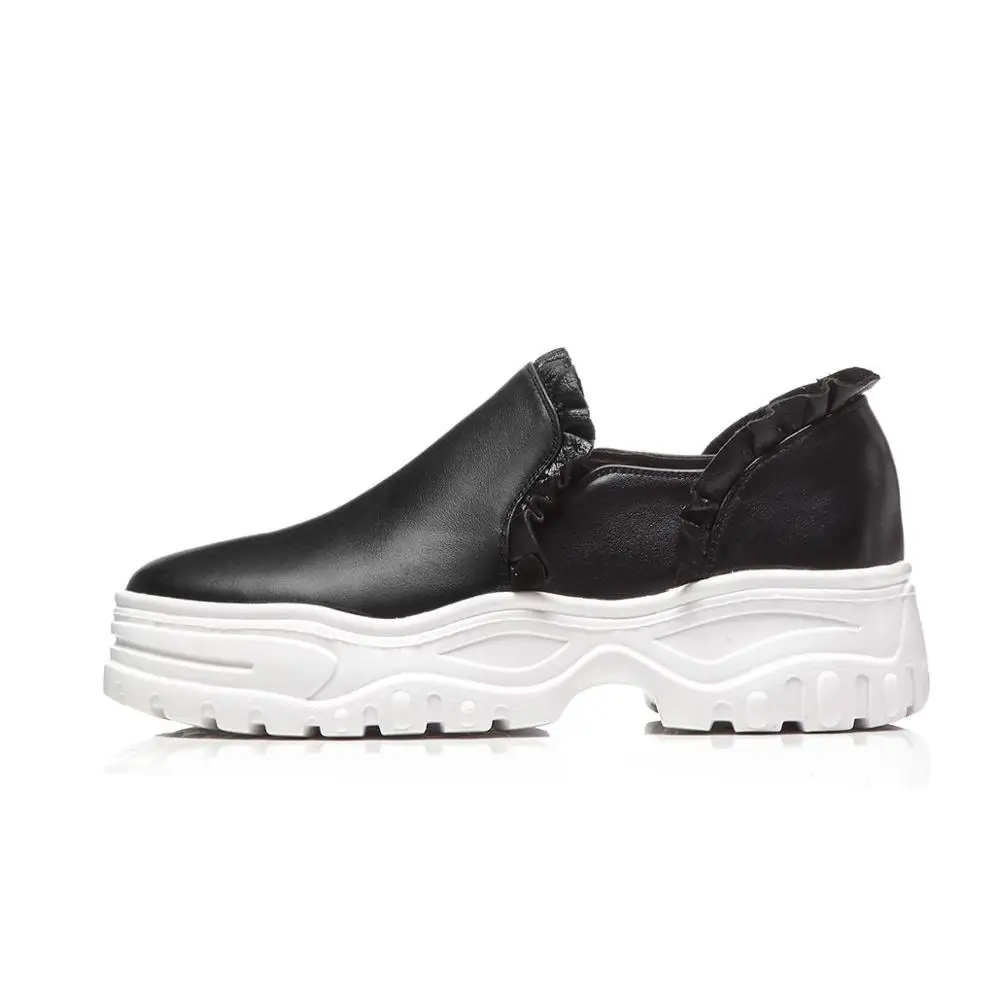 Krazing pot genuine leather ruffles decoration platform slip on round toe wedge women white sneakers casual vulcanized shoes L90