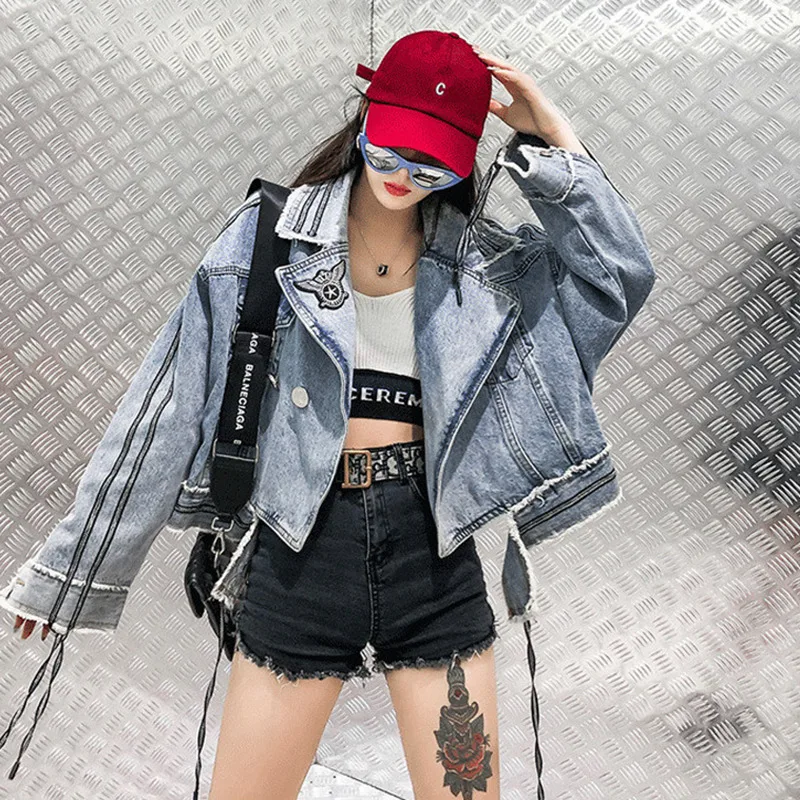 

2019 Autumn badge Bomber Denim Jacket Women Vintage Streetwear Spring Basic Jean Jacket casaco feminino outwear Short Coat NZY74