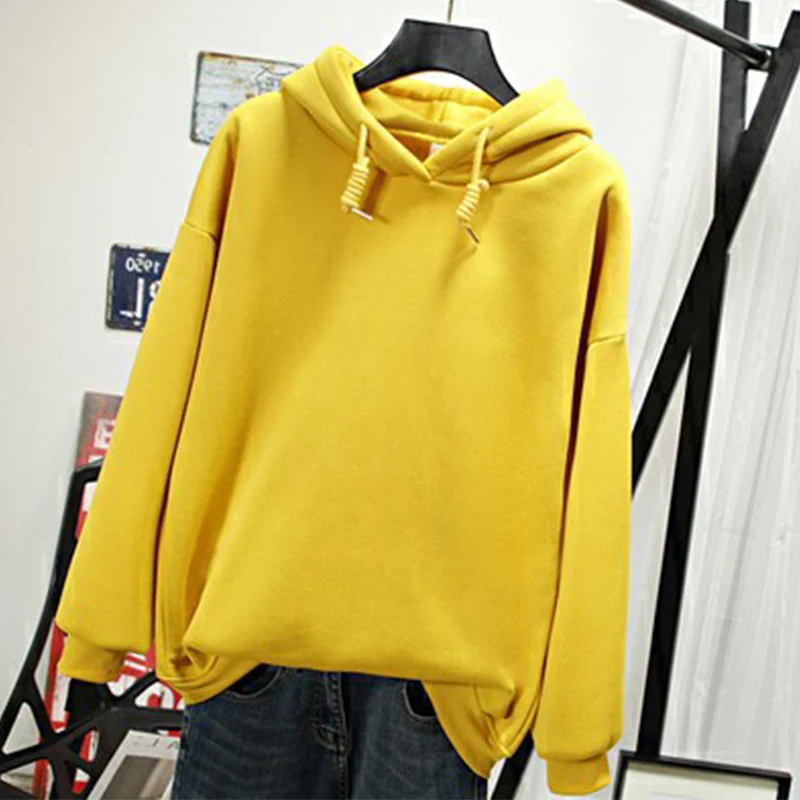 yellow solid Harajuku Женская толстовка с капюшоном с принтом динозавра, толстовки с длинными рукавами, кавайный Топ осень зима, повседневный пуловер с капюшоном для женщин - Цвет: yellow solid