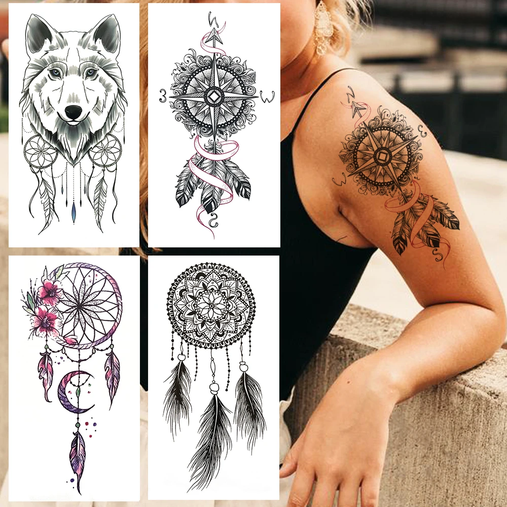 Tatouage Loup Attrape Reve Signification Dreamcatcher – Faux Tatouage Temporaire Pour Femmes Et Hommes, Autocollant,  Boussole, Loup Noir, Plume, Mehndi, Mandala, Henné, Bras - Temporaire  Tatouages - AliExpress