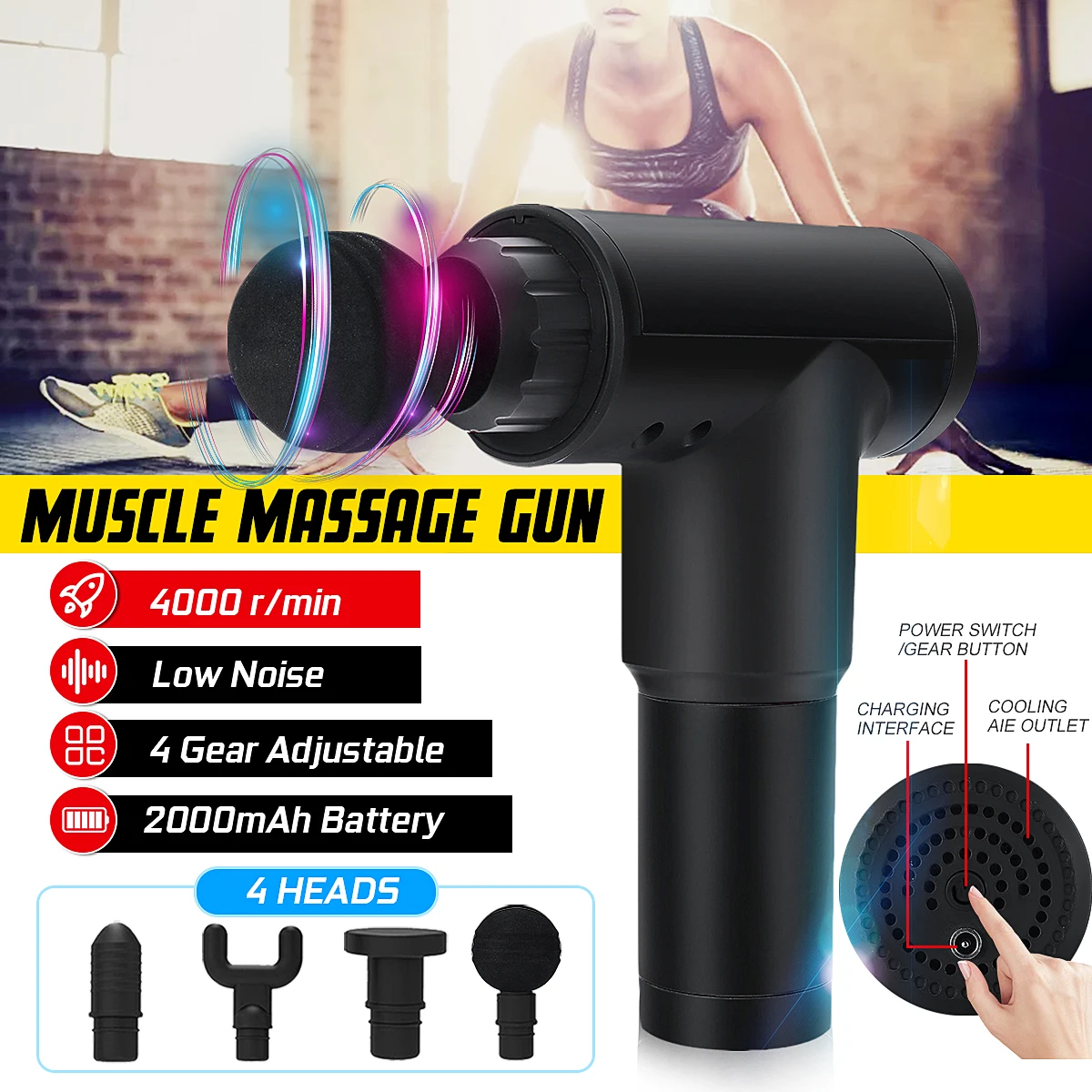 

4 Files Electric Muscle Massager Therapy Fascia Massage Guns Deep Vibration Muscle Relaxation Fitness Equipment 1200-3300r/min