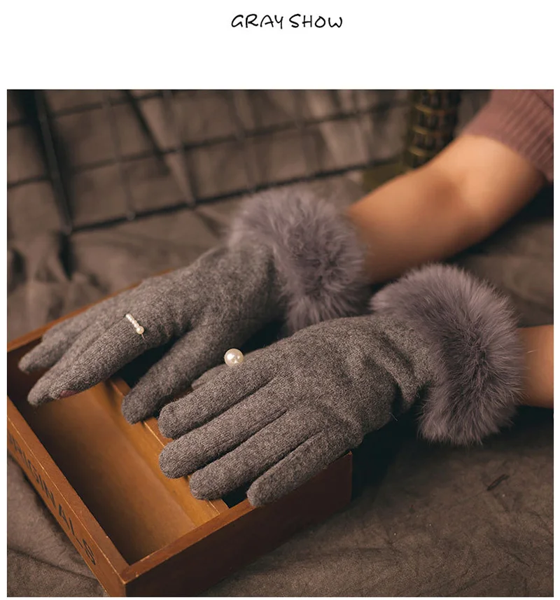 Модные женские кашемировые вязаные перчатки с вышивкой и сенсорным экраном, зимние теплые перчатки с кроличьим мехом, бархатные Утепленные перчатки для вождения H40