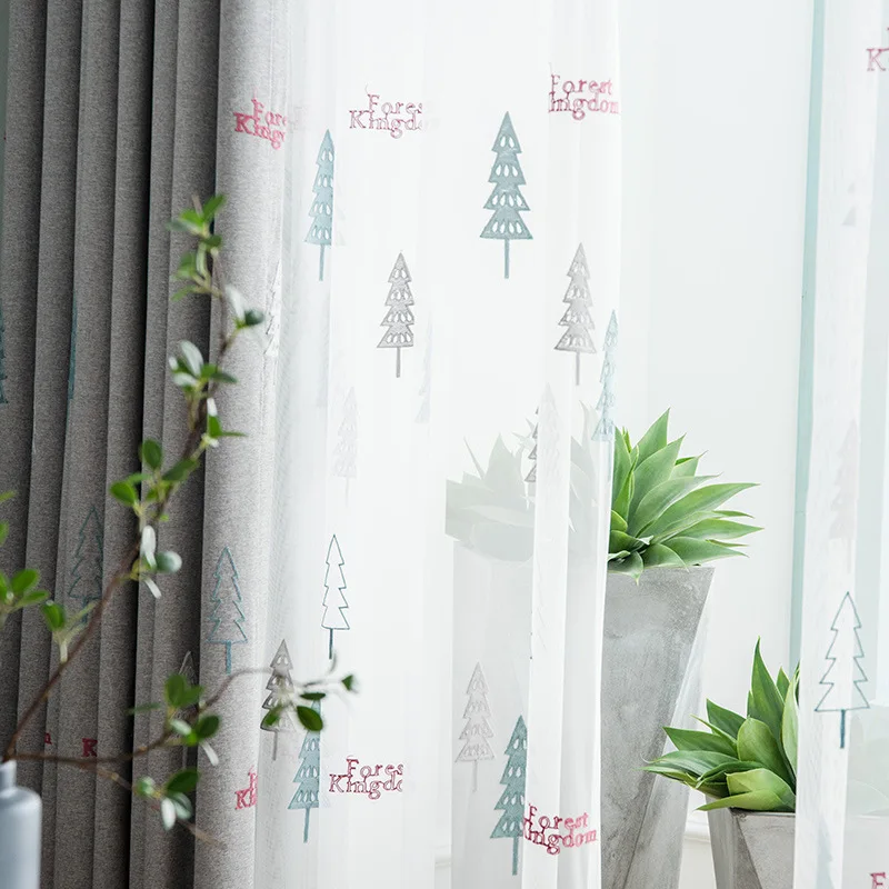 

Cotton Linen Embroidered Curtain Christmas Tree Shading Bedroom Living Room Gauze Curtain Balcony Simple Modern