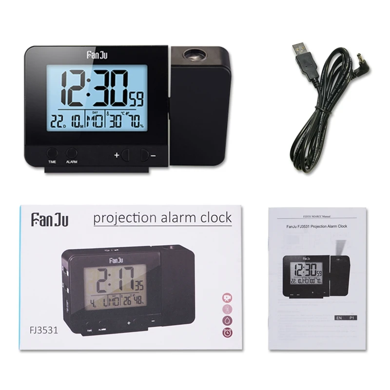 FJ3531 Projection Alarm Clock Digital Date Snooze Function LED Projector Desk Table Thermometer Hygrometer Clock Time Backlight 5