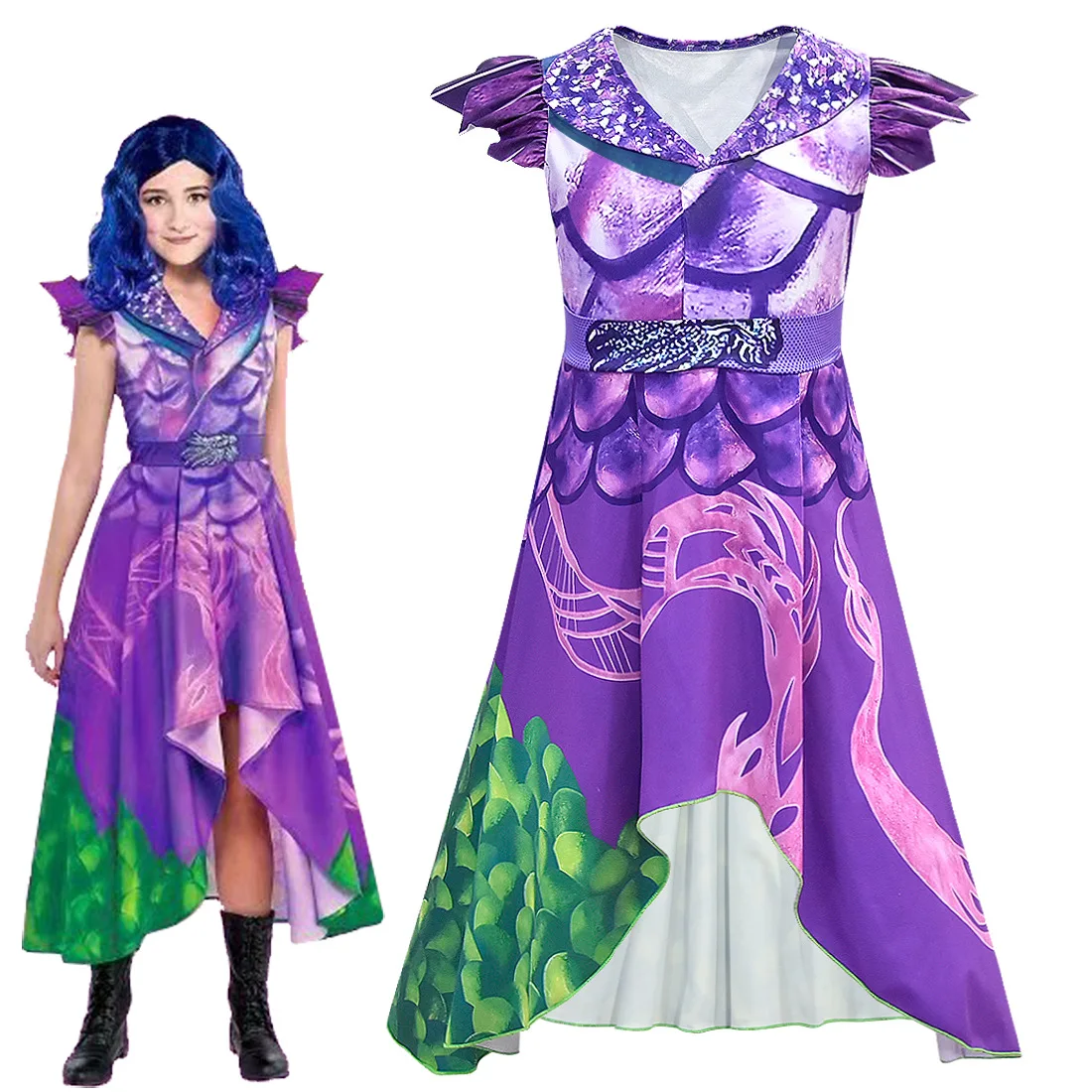 Маскарадный костюм для девочек «Потомки 3»; фиолетовое платье; костюм с 3D принтом; маскарадное платье для девочек на Хэллоуин; платье с короткими рукавами